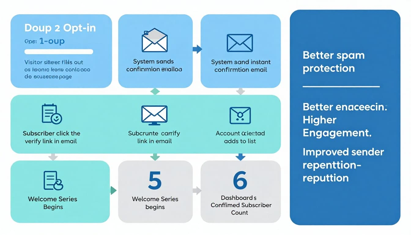 Clean, modern vector-style infographic in landscape ratio depicting the six-step double opt-in process for email signups, with icons, arrows, labels, and a sidebar highlighting benefits like spam protection, higher engagement, and improved sender reputation.