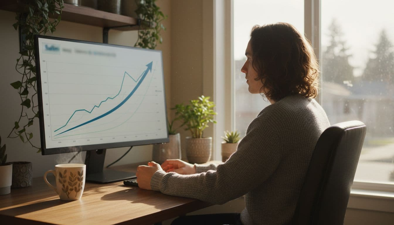 Person at home office desk views rising sales line chart on monitor amid plants and coffee mug.
