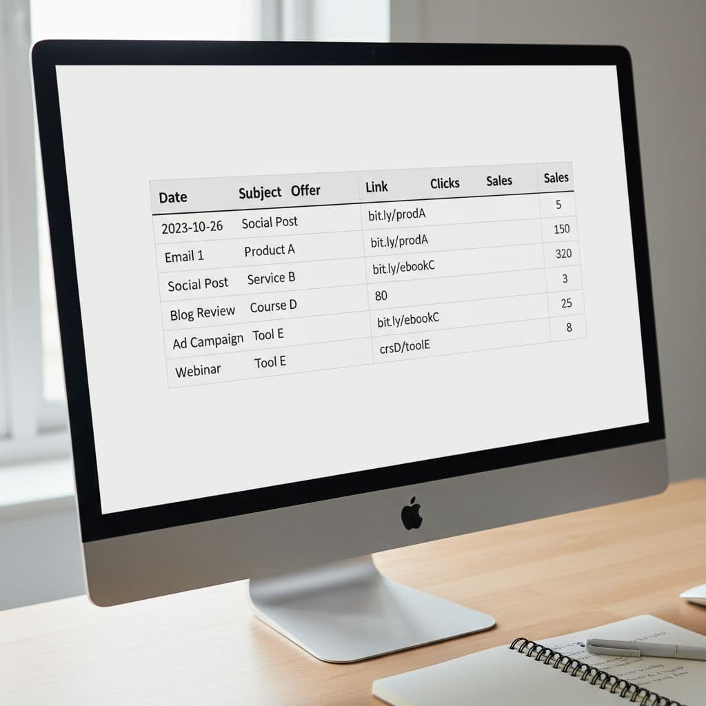 Computer screen shows simple spreadsheet with Date, Subject, Offer, Link, Clicks, Sales columns on clean desk with notebook.