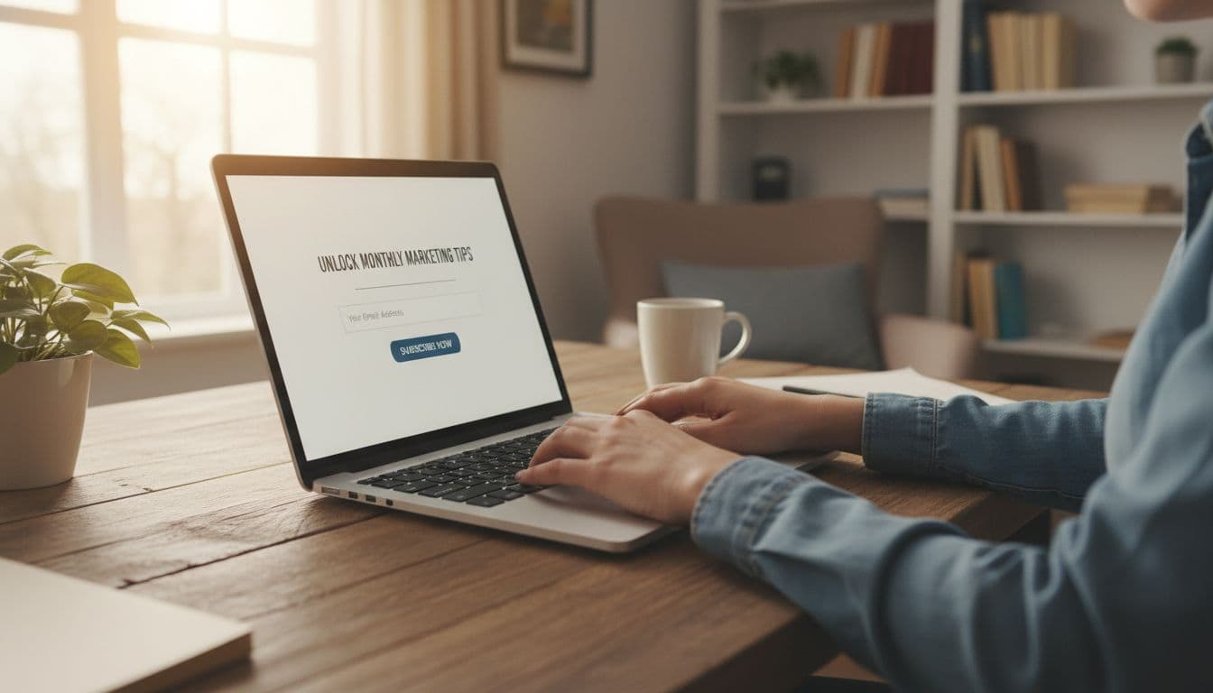 A beginner affiliate marketer sits relaxed at a wooden desk in a cozy home office, viewing a simple newsletter signup form on their laptop screen illuminated by soft natural daylight.