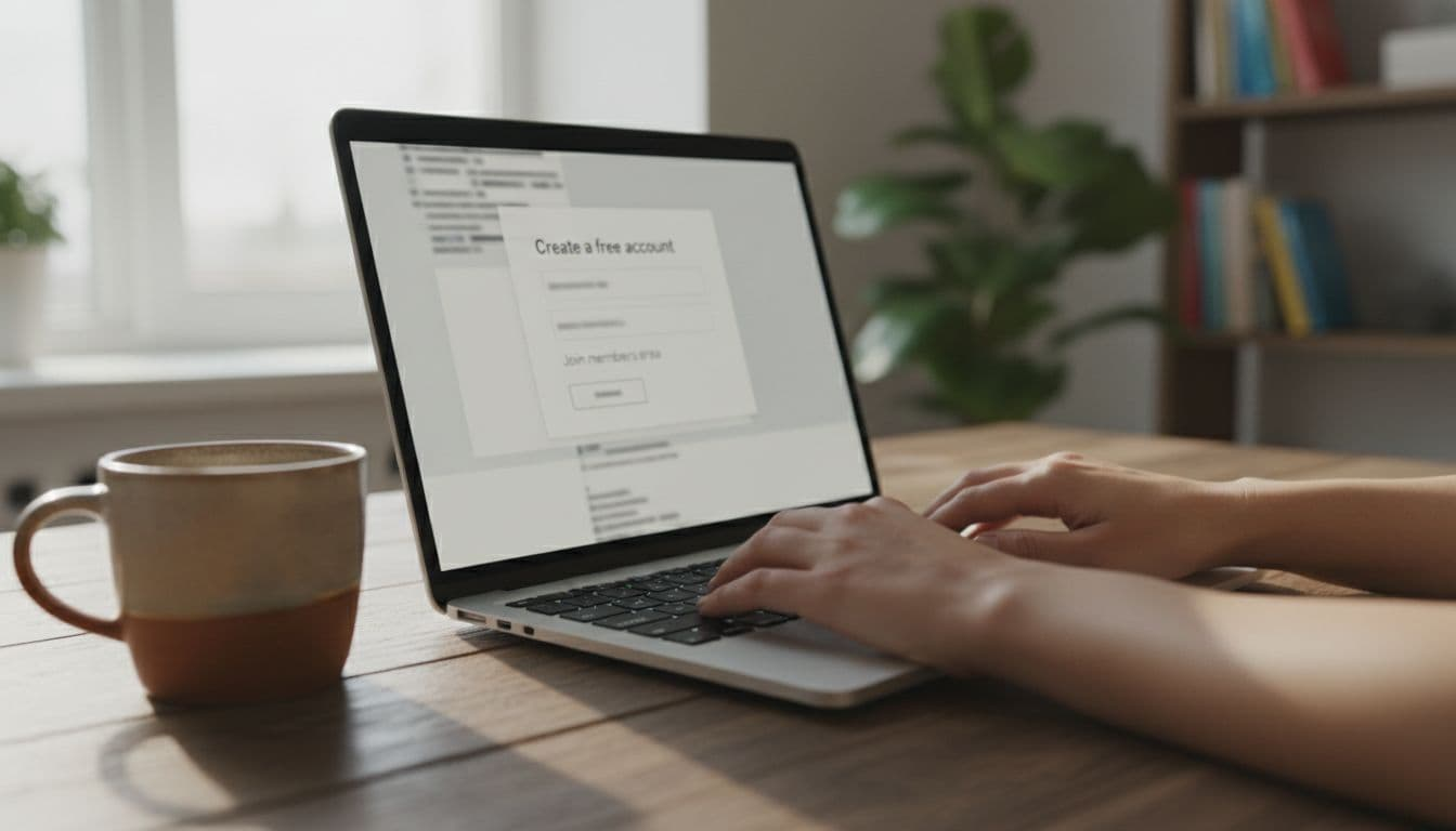 Person in cozy home office at wooden desk using laptop for simple online signup form, natural daylight, close-up on screen with relaxed hands and coffee mug.