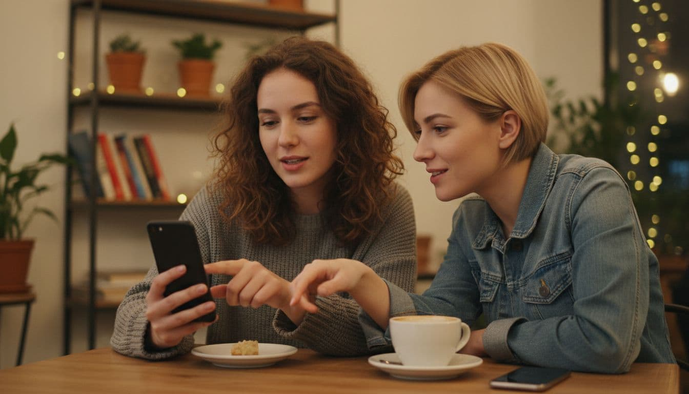Two friends in a cozy coffee shop, one showing a newsletter on their phone to the other who looks interested, with soft warm lighting and coffee cups on the table.