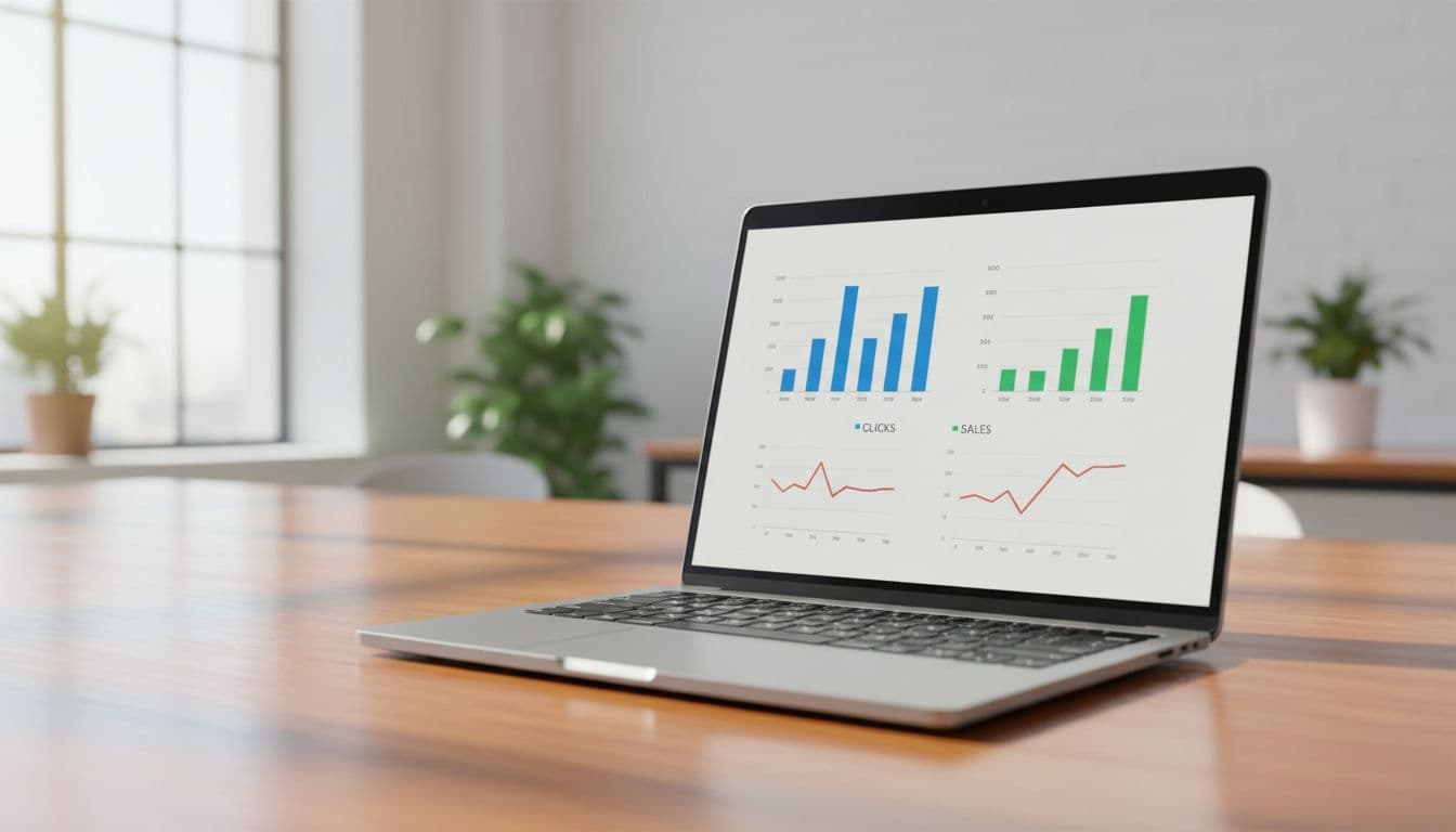 Laptop screen shows bar charts for clicks and sales metrics on wooden desk in bright office.