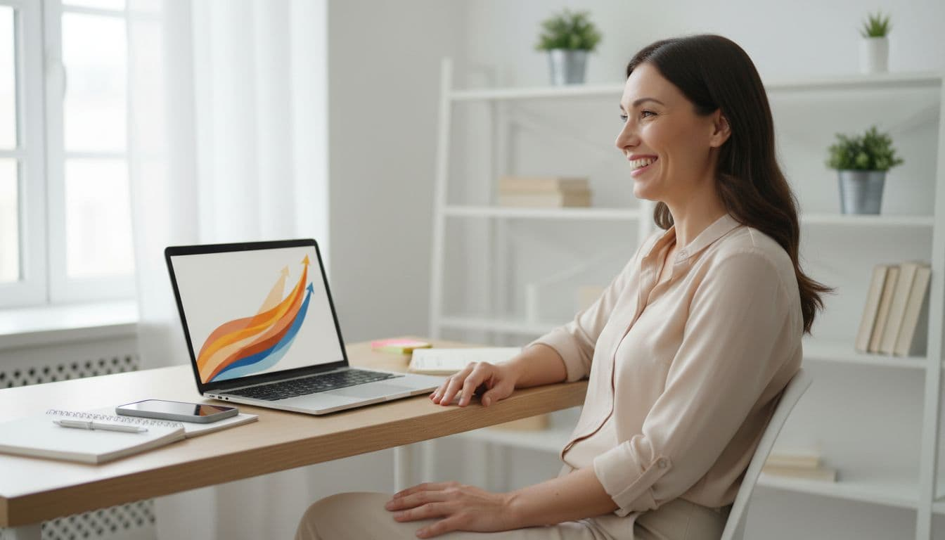 Person in bright home office smiling while viewing laptop screen with upward trending abstract charts, laptop at angle with no readable text, realistic photograph, natural window light, relaxed posture, notebook and phone nearby.