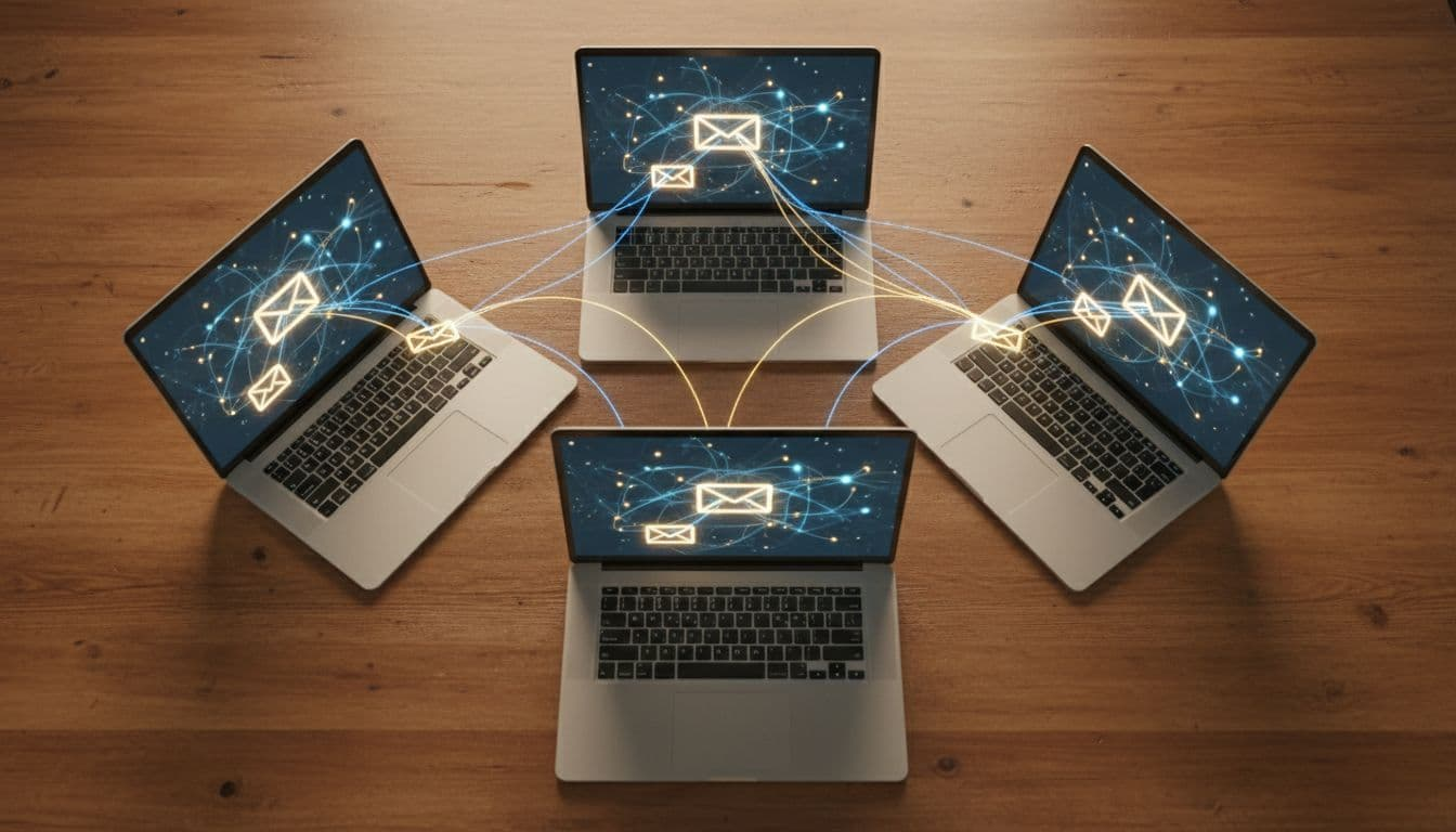 Three laptops on a shared wooden table with glowing screens featuring blurred abstract network connections and email icons, overhead view symbolizing team pooling credits for shared traffic exposure in realistic style with warm lighting.