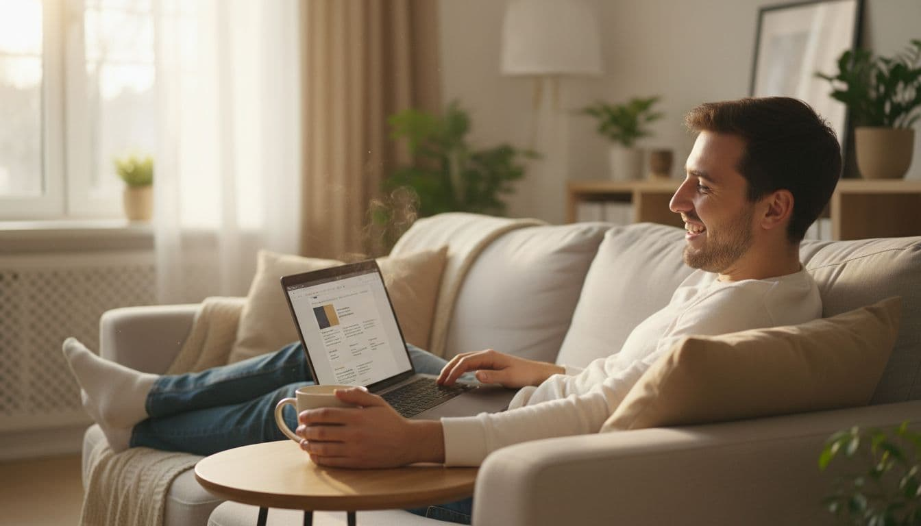 A young affiliate marketer smiles happily while reading a helpful monthly newsletter email on their laptop in a bright living room, with relaxed posture and a coffee mug nearby.