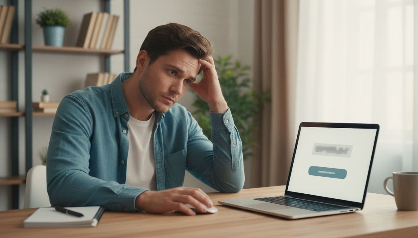 Confused young adult scratches head at laptop screen showing blurred opt-in form on wooden desk.