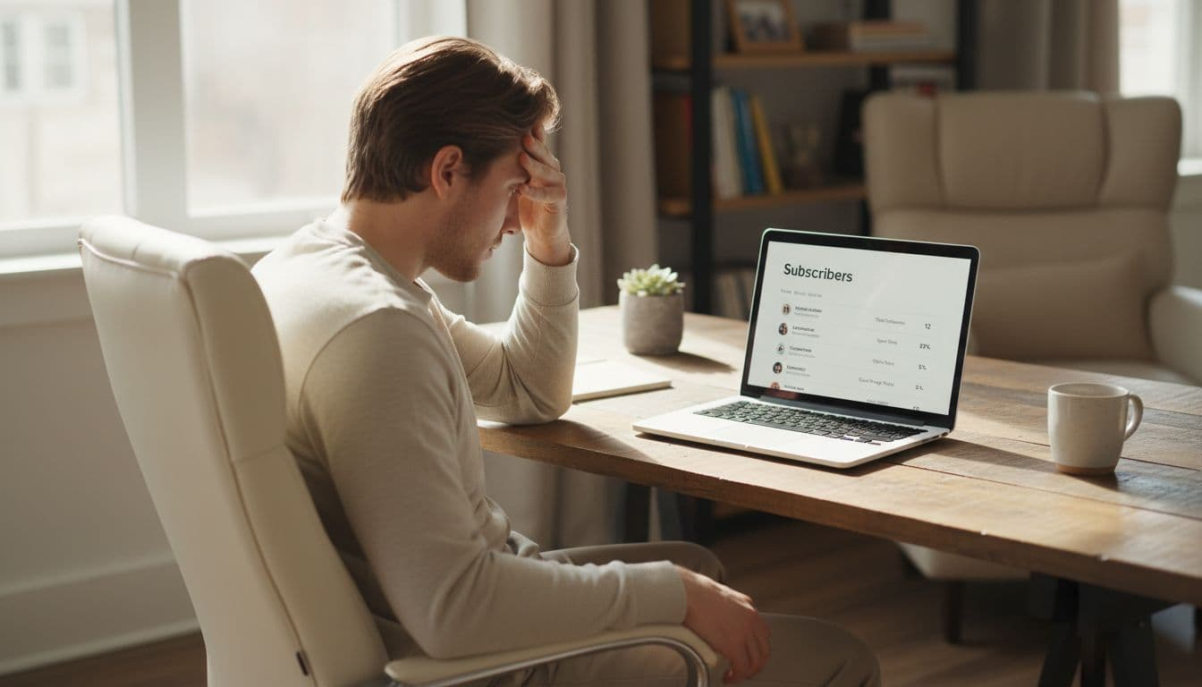 Young affiliate marketer in home office frowns at laptop screen showing 10-15 subscribers and 20% open rate.
