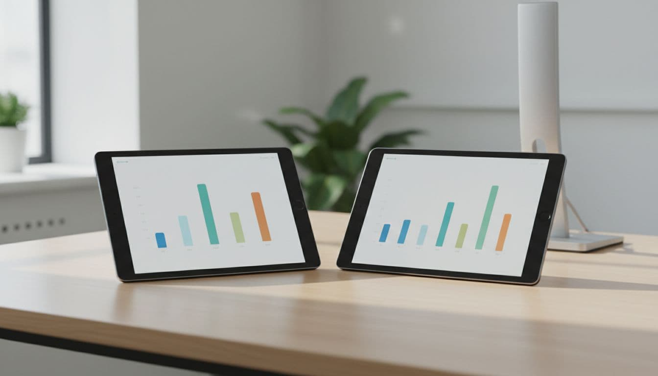 Two tablets on a desk display abstract bar charts side by side.