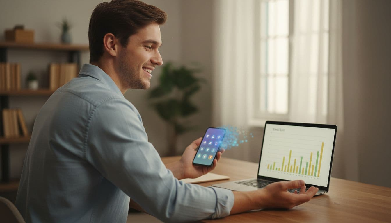 Young affiliate marketer at home desk turns from smartphone with fading social notifications to laptop email growth chart, smiling confidently.