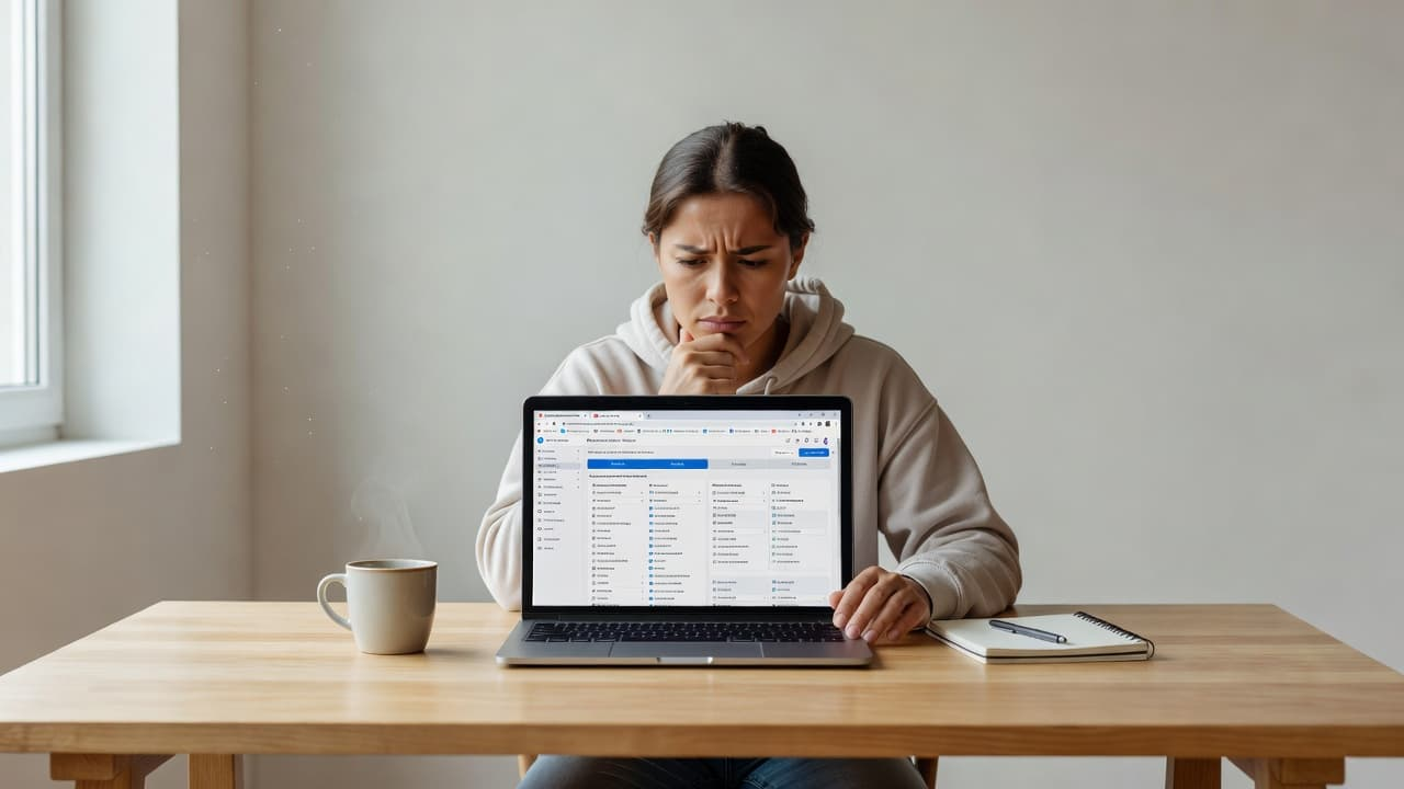 A pensive creator sits at a minimalist wooden desk with a laptop, contemplating complex email marketing choices. Soft natural light flows through a nearby window, illuminating a focused workspace atmosphere.