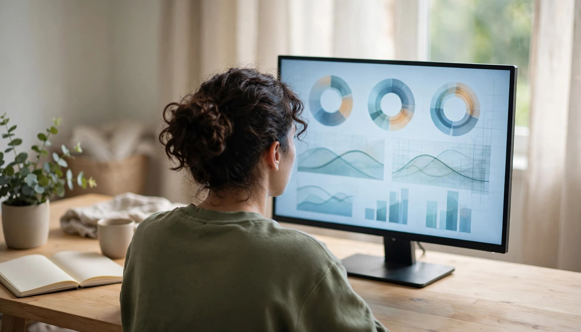 A marketer reviews abstract campaign charts at a desk with a notebook and plant.