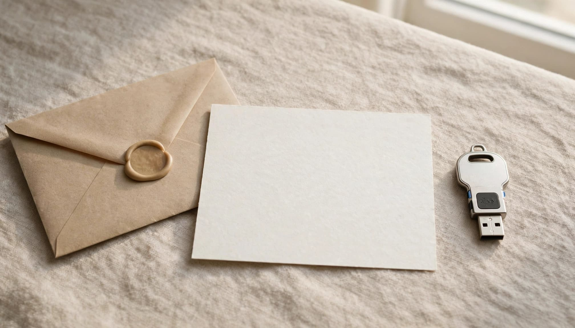 A sealed envelope, blank card, and key-shaped USB token sit on a bright tabletop.