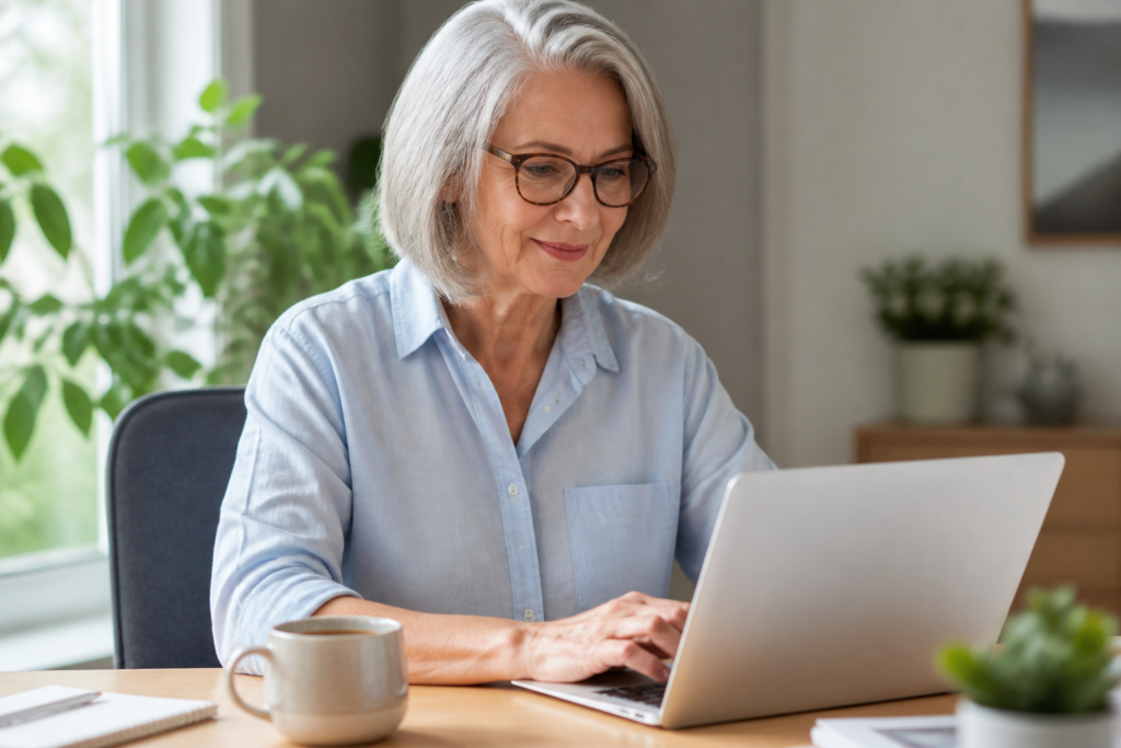 A cozy home office with a senior woman writing emails on her laptop, next to a cup of coffee