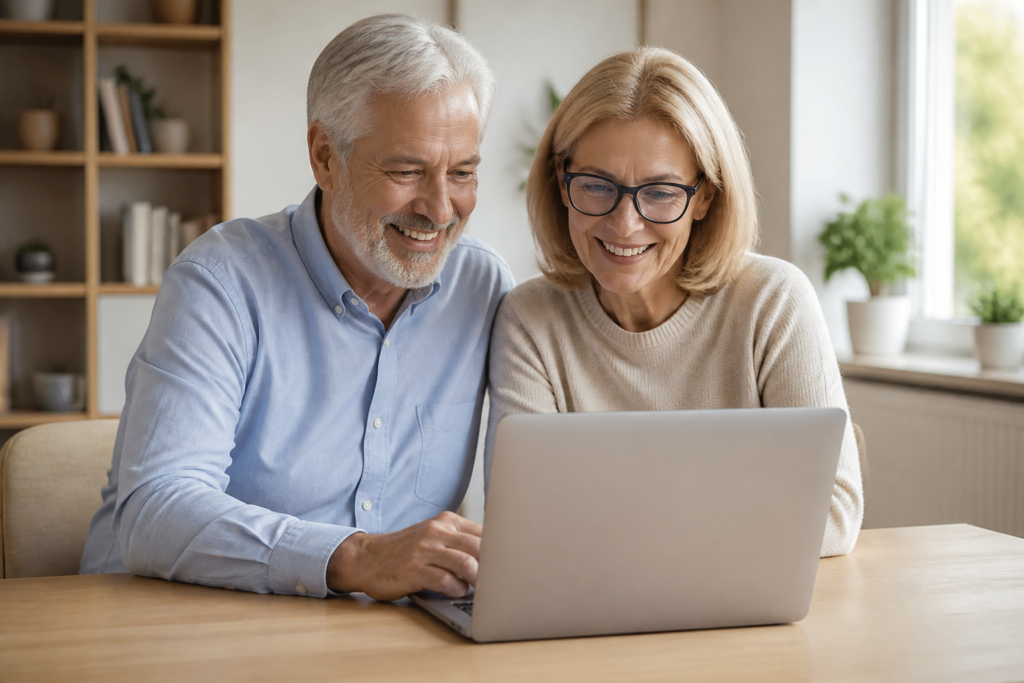 An older man and woman sitting at a home office desk, happily engaging with their laptop