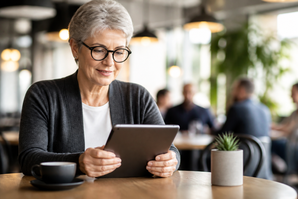 An older adult comfortably working on a tablet, reviewing blog content, perhaps in a modern café setting, conveying ease of work through technology