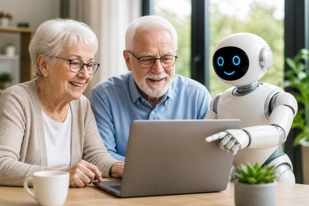 Illustration of a friendly robot helping seniors categorize email contacts on a laptop screen.