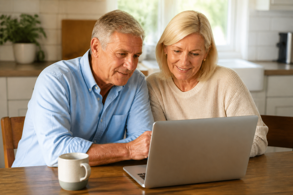 A relaxed senior couple researching on a laptop at a kitchen table