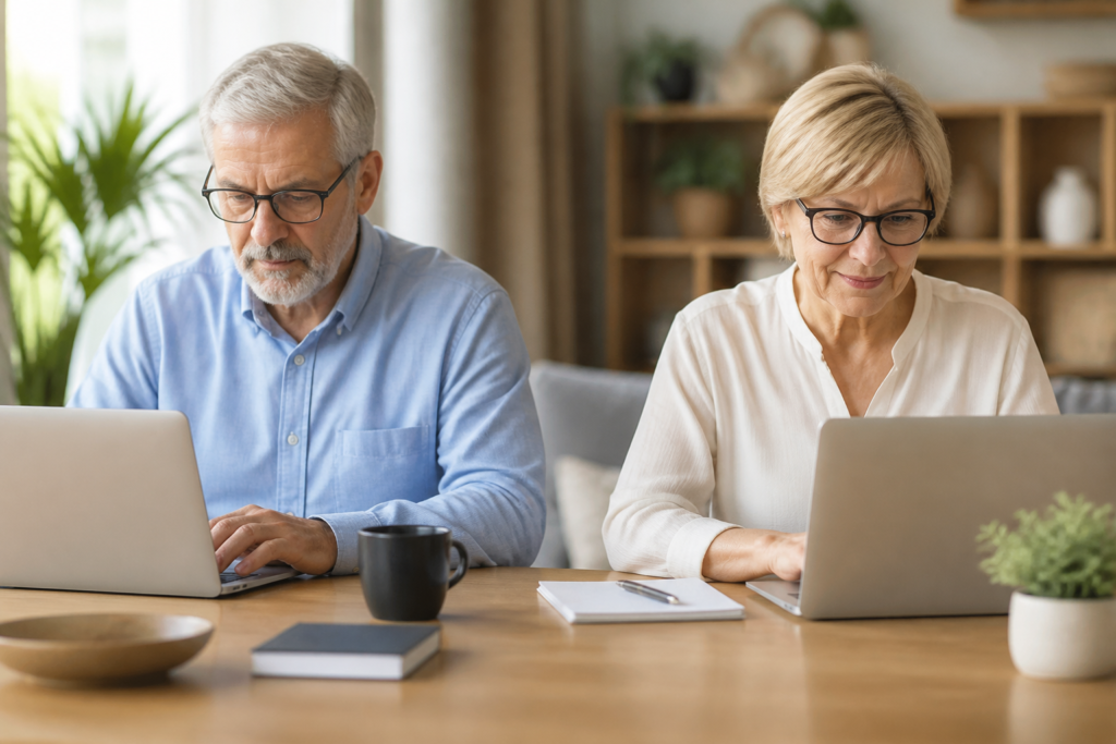 A senior man and woman working on their laptops in a cozy home office setting.