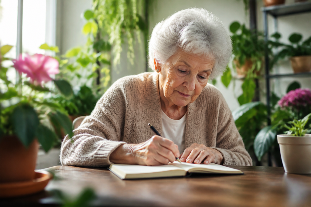 An elderly woman writing in a notebook, surrounded by vibrant indoor plants.