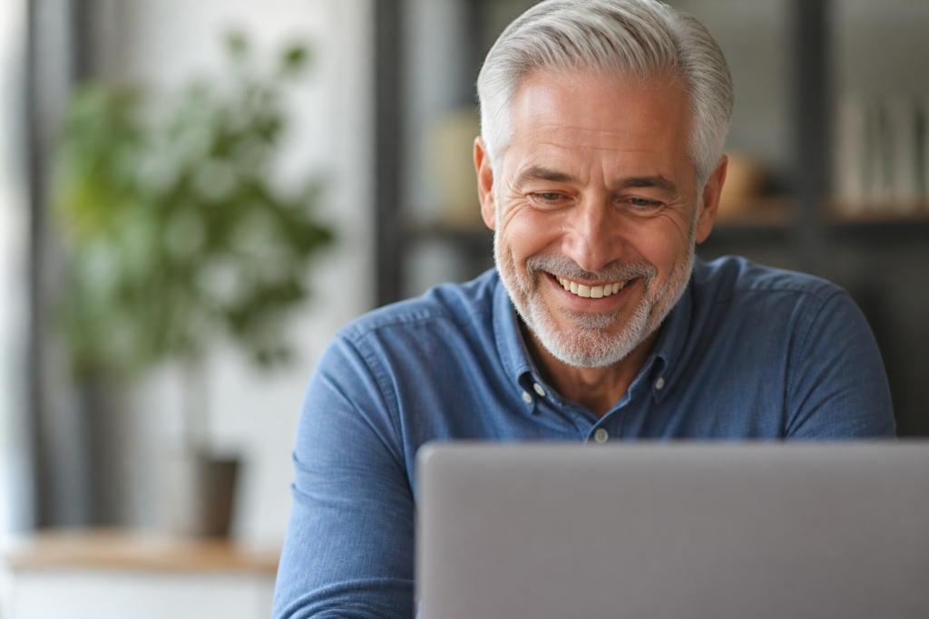 Close-up of a senior man with a laptop, smiling at new email subscribers