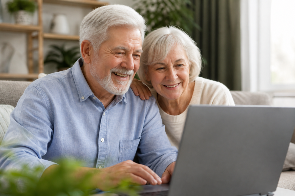 A senior couple sitting with a laptop, happily reviewing products together, illustrating trust in online recommendations.