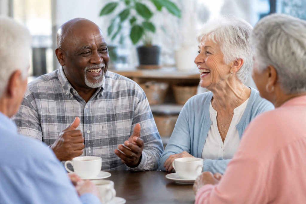 A group of seniors discussing hobbies and passions over coffee