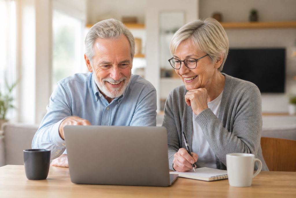 A retired couple sitting at a table with a laptop open, looking engaged and happy as they discuss their online business plans.