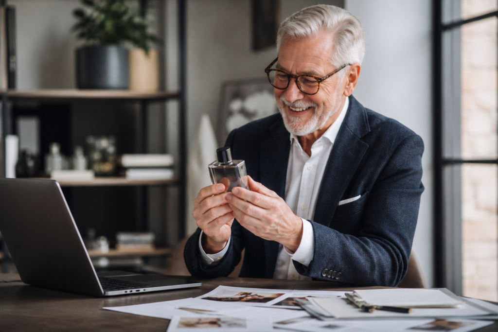 An elderly gentleman sitting at his desk, holding a product sample with excitement, preparing to discuss it in a forthcoming email campaign.