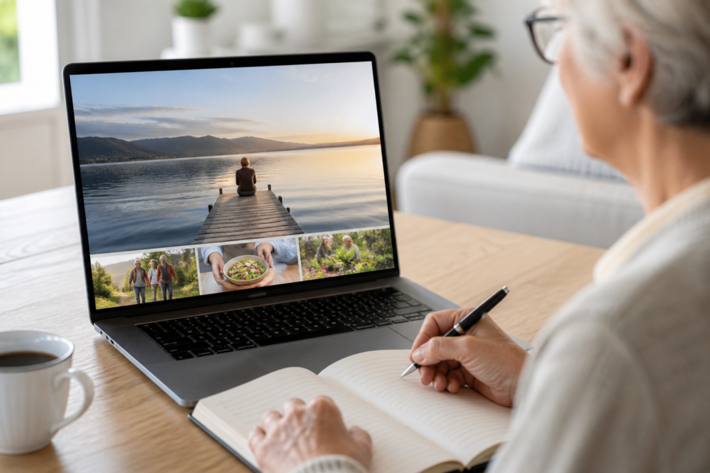 Close-up of a laptop screen showing a blog post while a retiree notes ideas in a journal