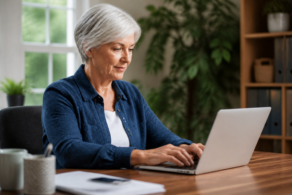 An older woman typing on a laptop at a cozy home office