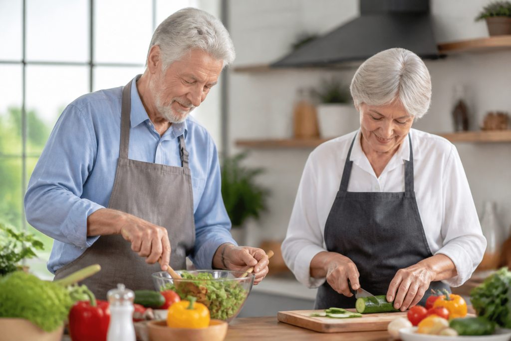 An older man and woman calmly cooking together in a bright kitchen