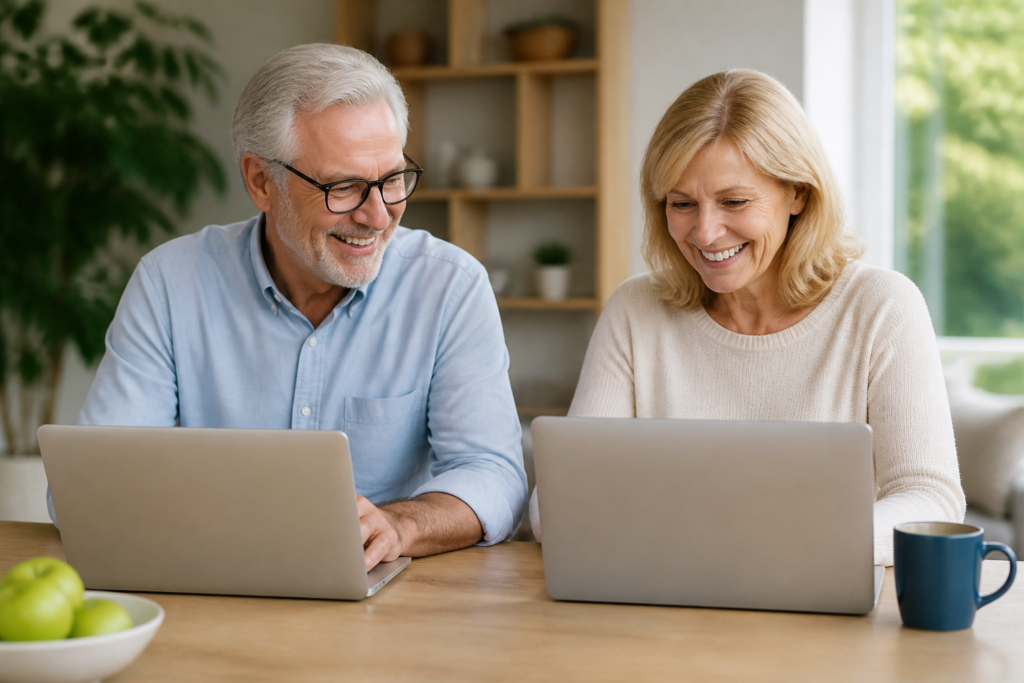 A retiree couple happily working on their laptops, researching online trends for their retirement business.