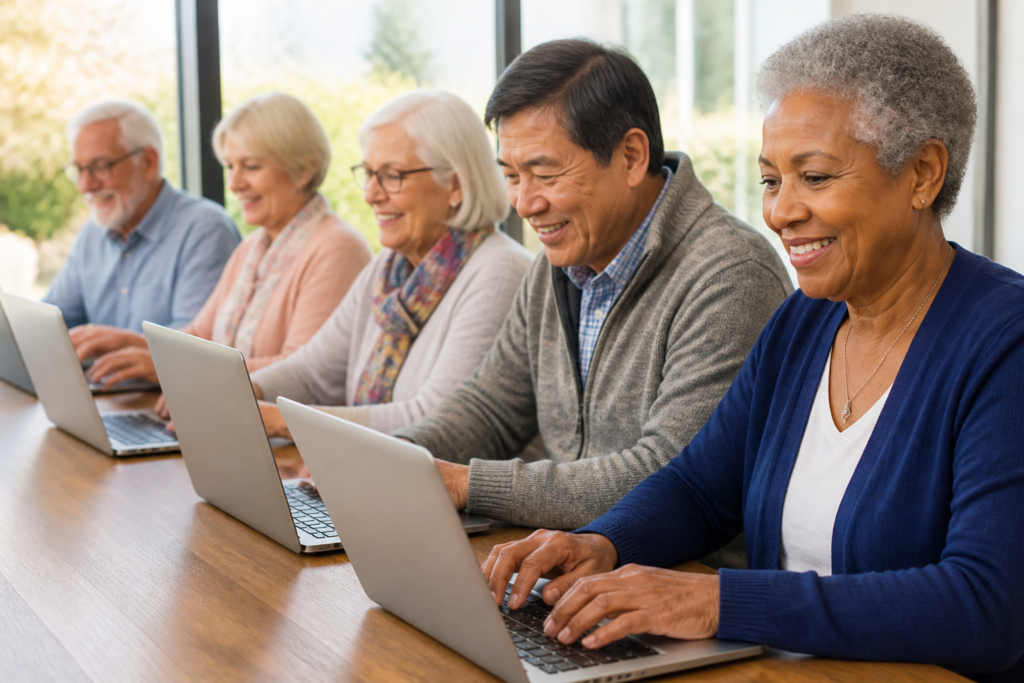 A diverse group of seniors, each engaging with their laptops, smiling as they read email newsletters.