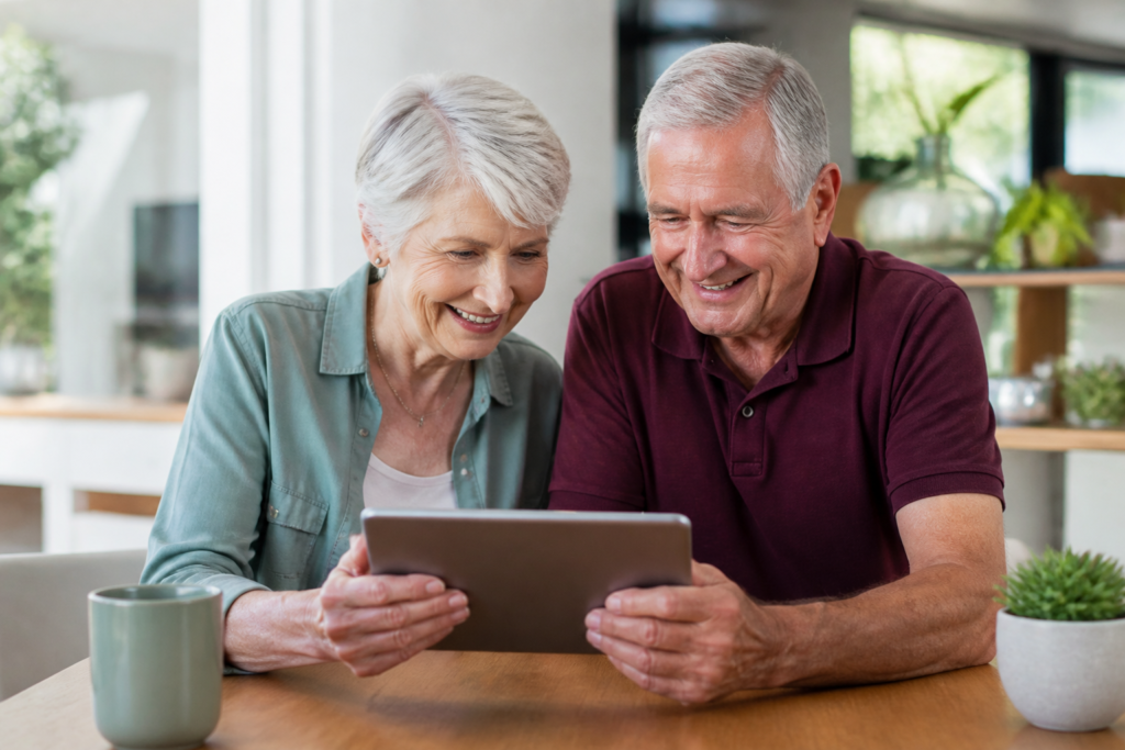 A senior couple happily reading emails on a tablet together at a dining table