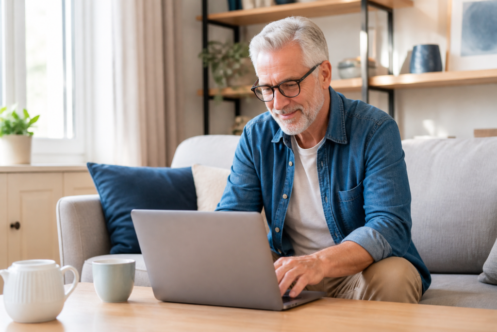 An older man writing an email on his laptop, sitting in a cozy living room with a cup of tea