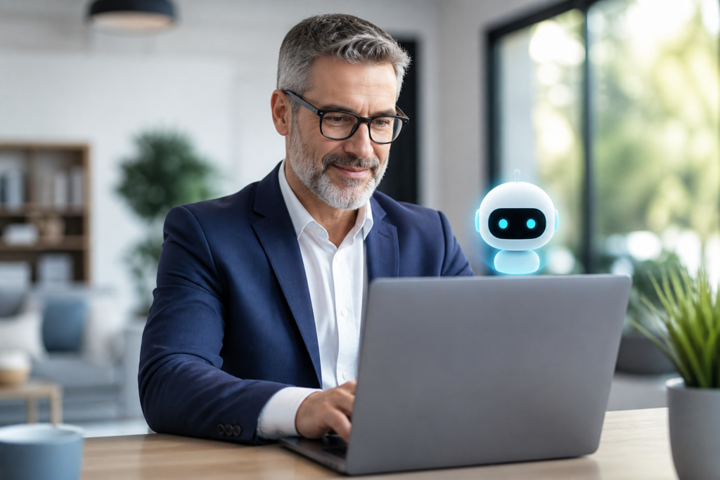 A mature business owner using a laptop, a virtual assistant chatbot icon hovering beside the screen.