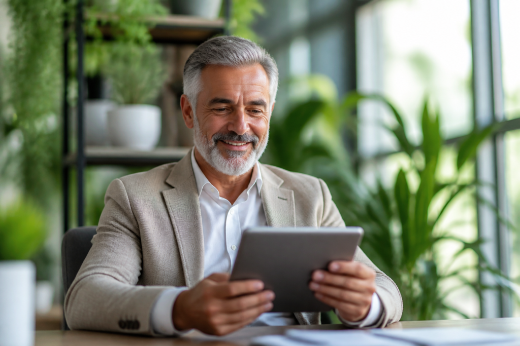 A senior entrepreneur smiling, reviewing analytics on a tablet, surrounded by plants, symbolizing growth.