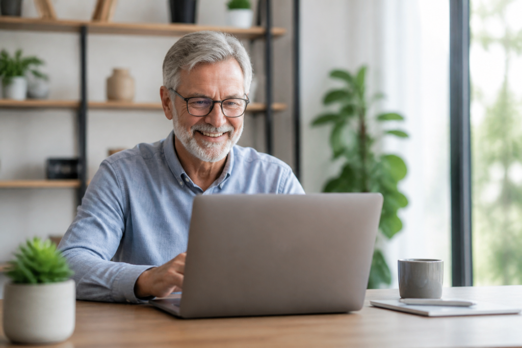 An older man smiling as he works on his laptop with an AI content tool on screen