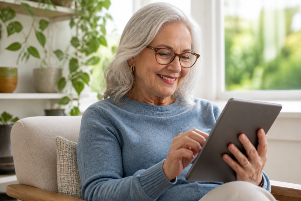 A senior woman gently smiling while reading an engaging email on her tablet