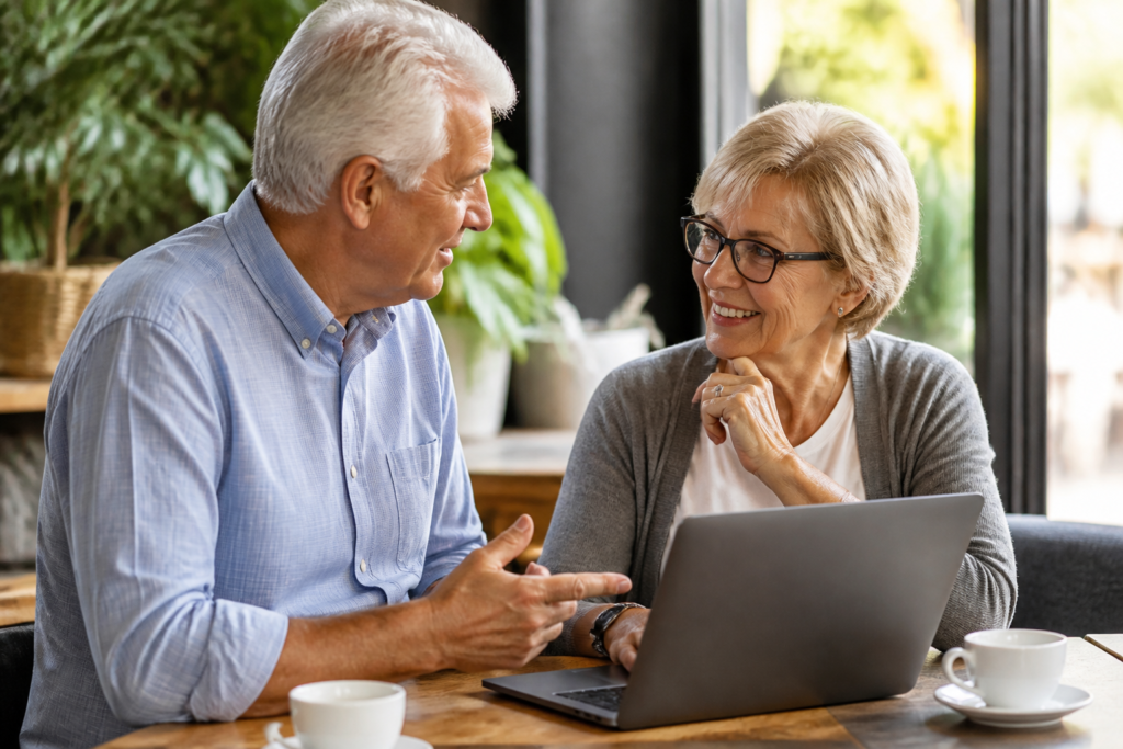 A pair of seniors, man and woman, sitting together discussing business ideas in a cozy coffee shop, highlighting the social and collaborative potential of online business.